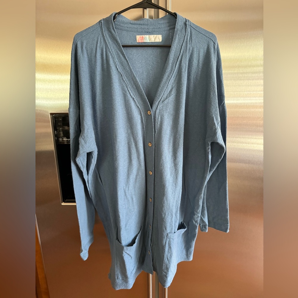 Free People Beach Blue Maxi Cardigan Duster Button Up and Pockets Women’s Size L